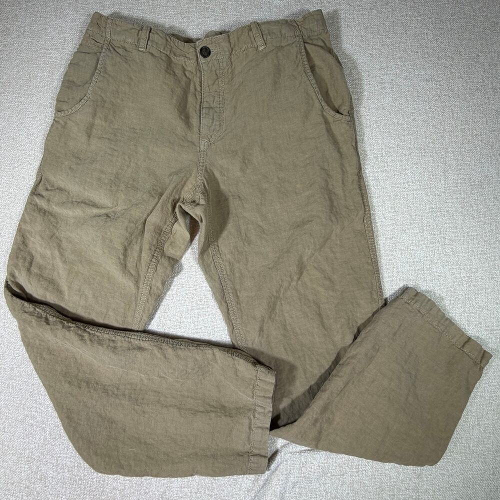 Baird McNutt Men Tan 38x32 100% Linen Button Fly Flat Front Pants Casual Summer
